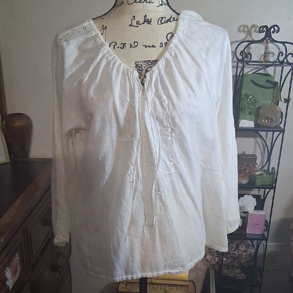 Greece White Women's Boho Blouse Cottagecore Top Size Small/Medium